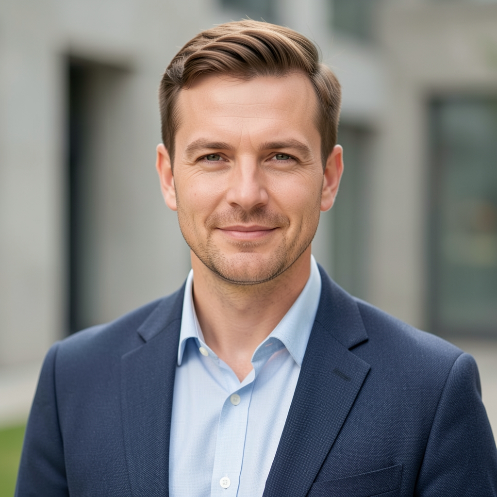 Portrait of a male writer photographed outdoors in natural light, neutral background, professional editorial portrait style