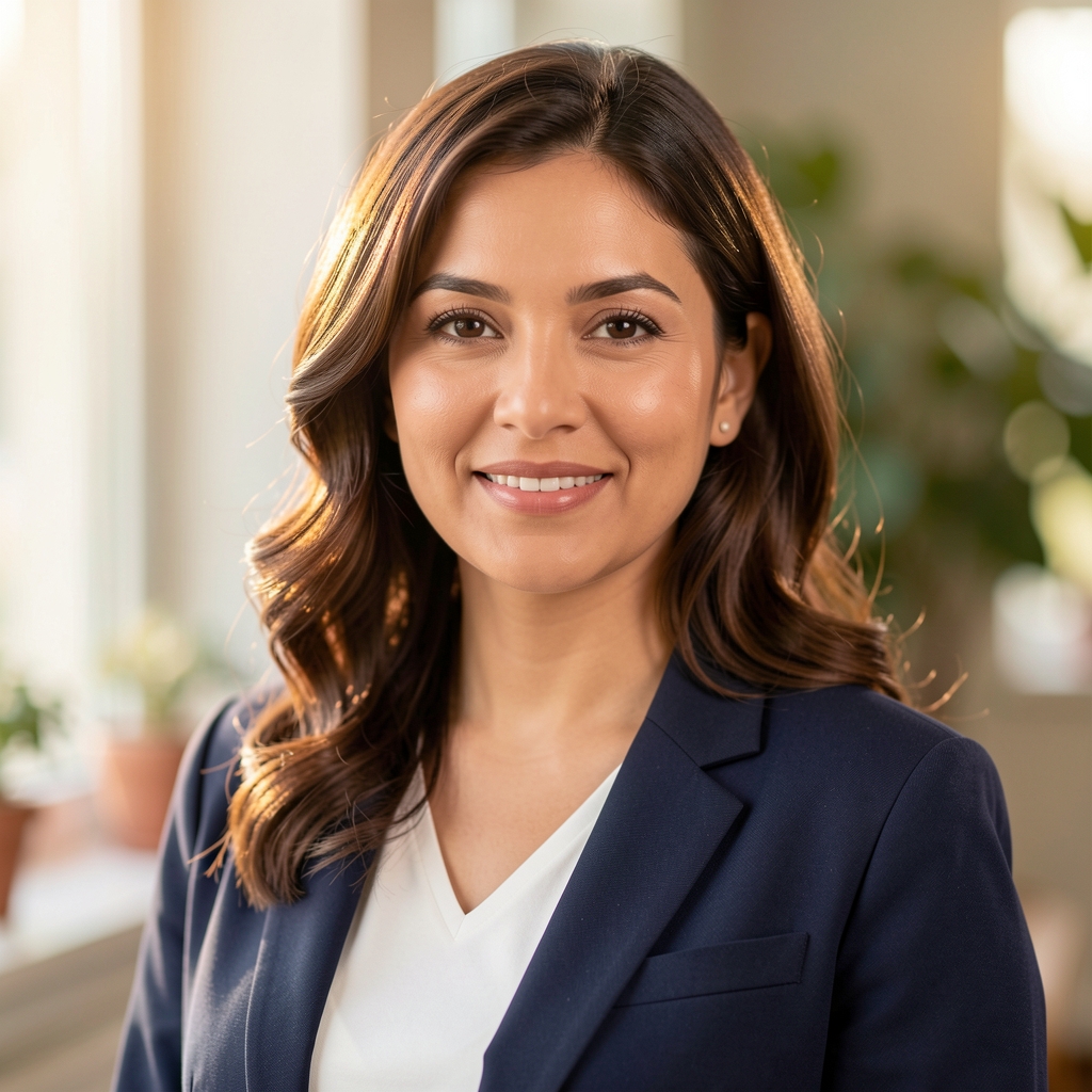Portrait of a female nutritional writer photographed indoors in warm natural light, confident expression, editorial portrait style