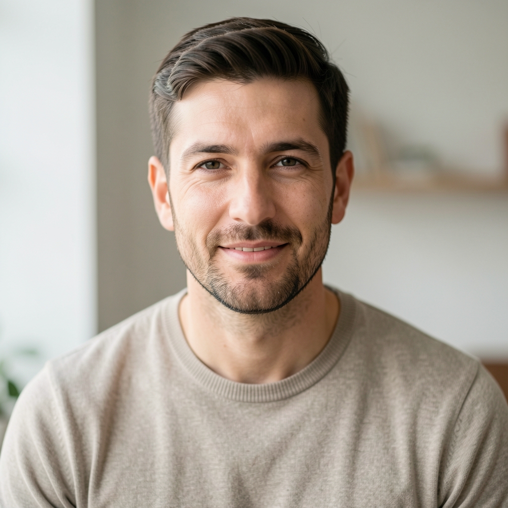 Portrait of a male writer photographed in soft daylight, neutral clothing, relaxed editorial portrait against a clean indoor background