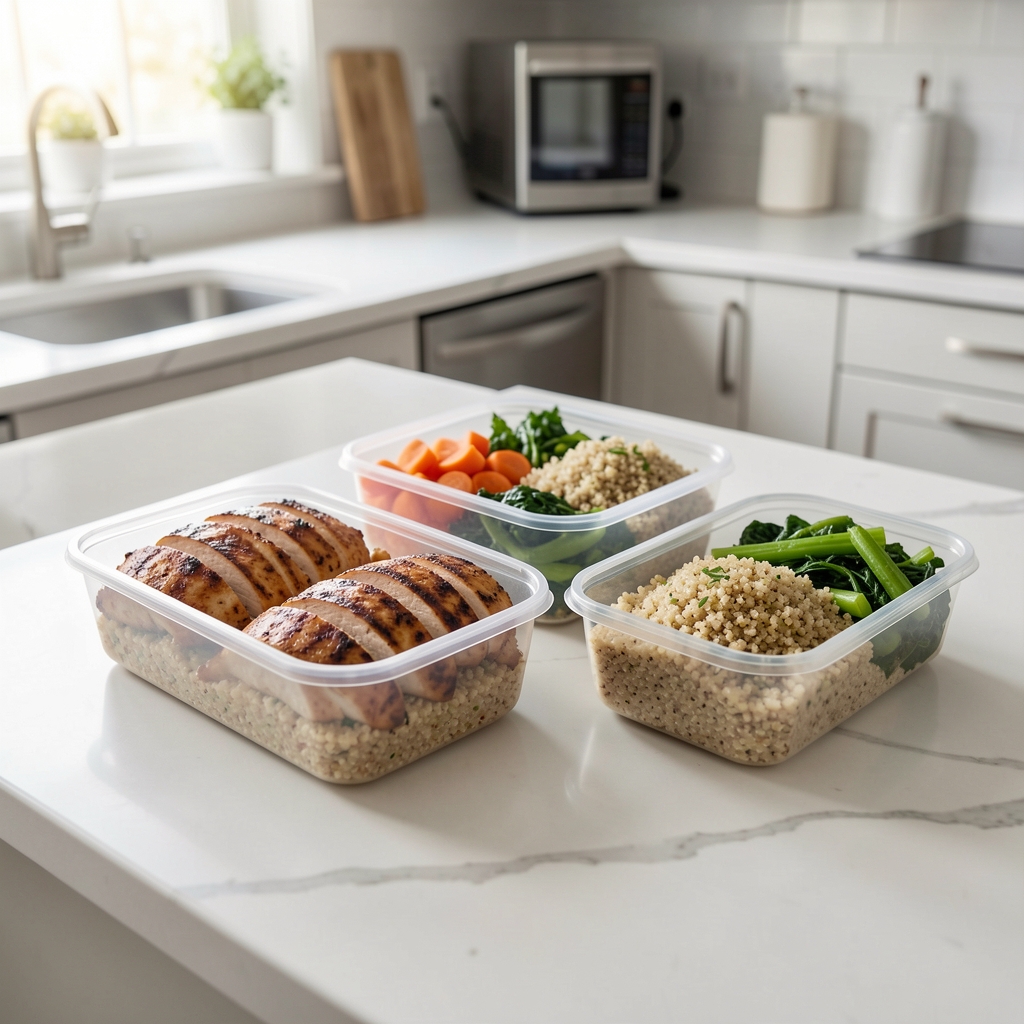 Freshly prepared meal prep containers with grilled chicken, quinoa, and green vegetables arranged on a clean kitchen counter