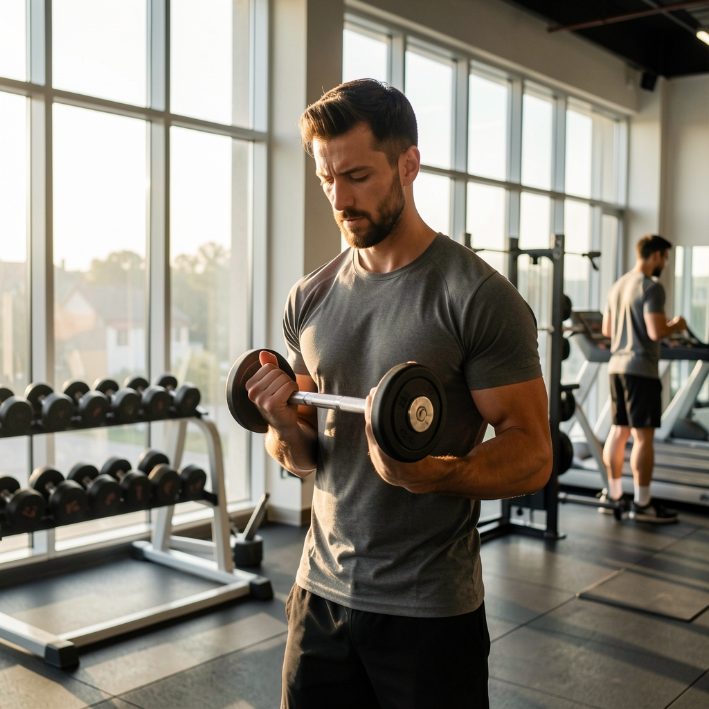 Man in early morning light preparing for a strength training session, gym with large windows and natural daylight