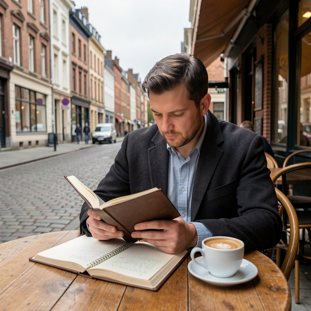 Man reading a physical journal at a wooden café table, Belgium urban setting, overcast light, morning coffee beside notebook
