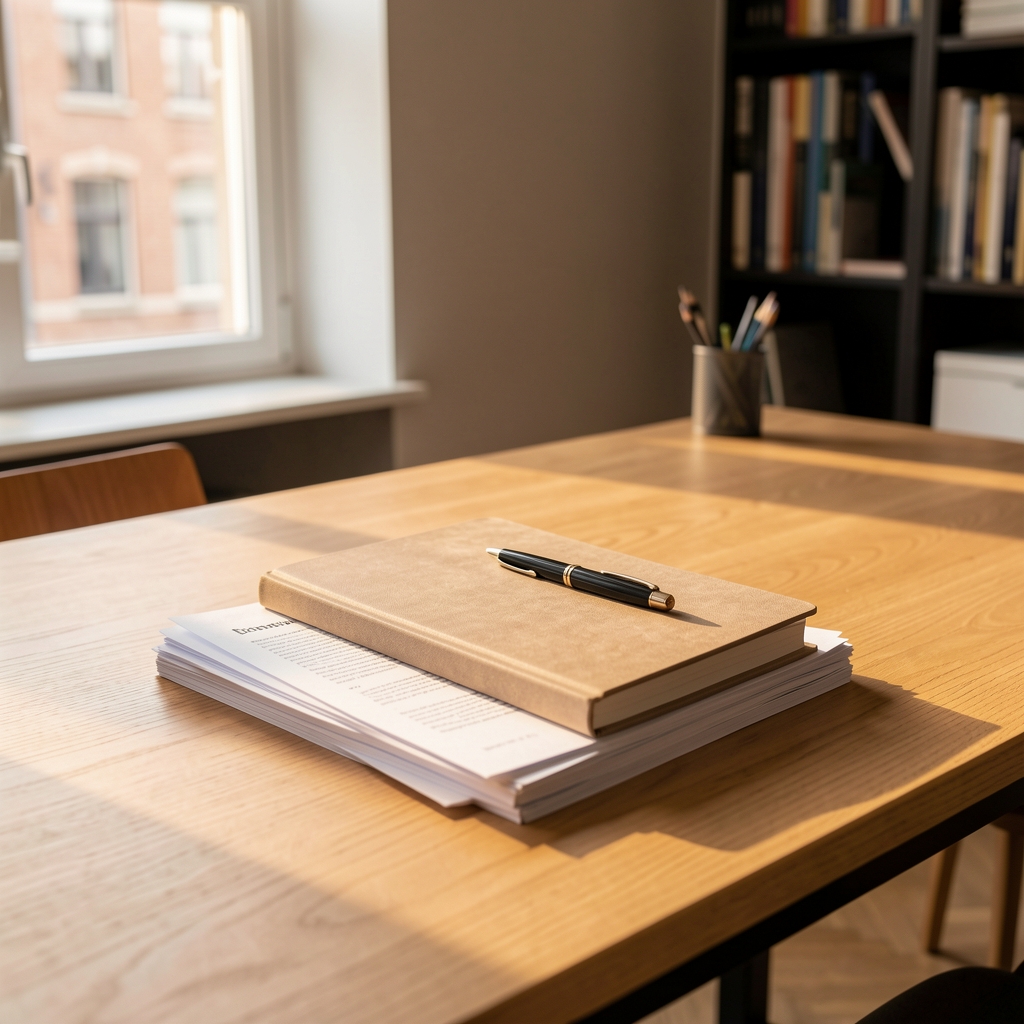 Brussels editorial studio, clean wooden desk with journal and pen resting on a stack of research notes, warm window light